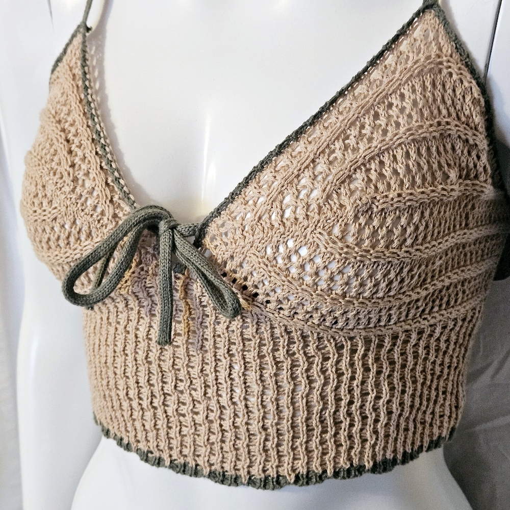 Love Knits NYC Open Knit Boho Cropped Bralette Top Beige Green Size Small